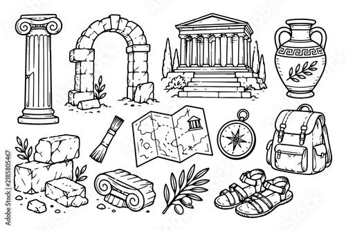 Ancient Greek Archaeology and Travel Doodle Icon Set – Black and White Line Art of Temple, Columns, Map, Compass, and Olive Branch