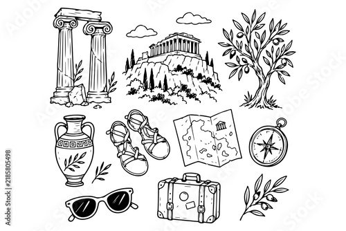 Greek Travel and Culture Doodle Icon Set – Black and White Line Art of Parthenon, Olive Tree, Map, Compass, and Ancient Ruins