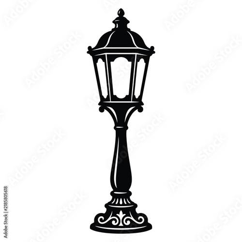 Christmas Day, Vintage street lamp vector illustration, antique wrought iron lantern silhouette, classic outdoor gas light post icon isolated on White Background