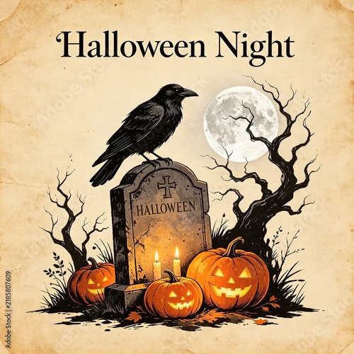 Halloween Night Greeting Card with Moonlit Forest