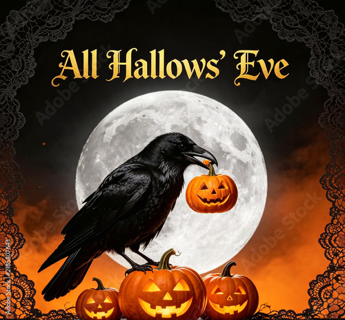 Spooky Halloween Greeting Card with Pumpkins and Raven
