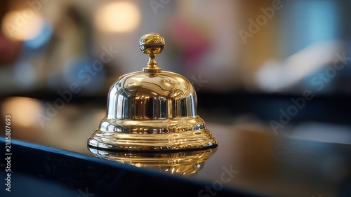 Vintage brass hotel service bell on reception desk, classic concierge call bell in luxury lobby, elegant hospitality counter accessory