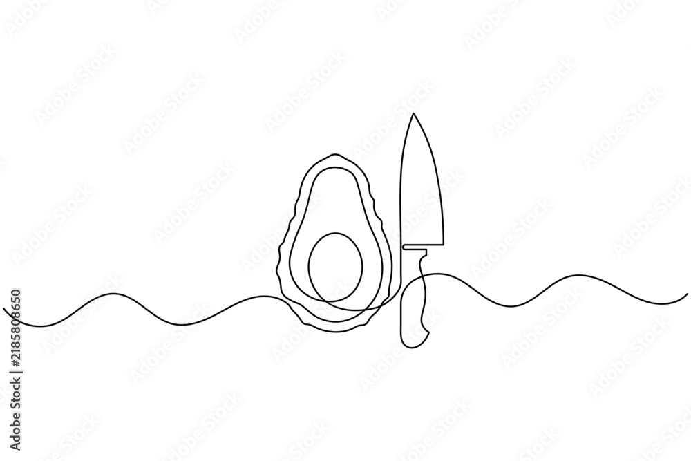 Obraz premium Avocado fruit with chef knife continuous one line drawing minimalist vector illustration