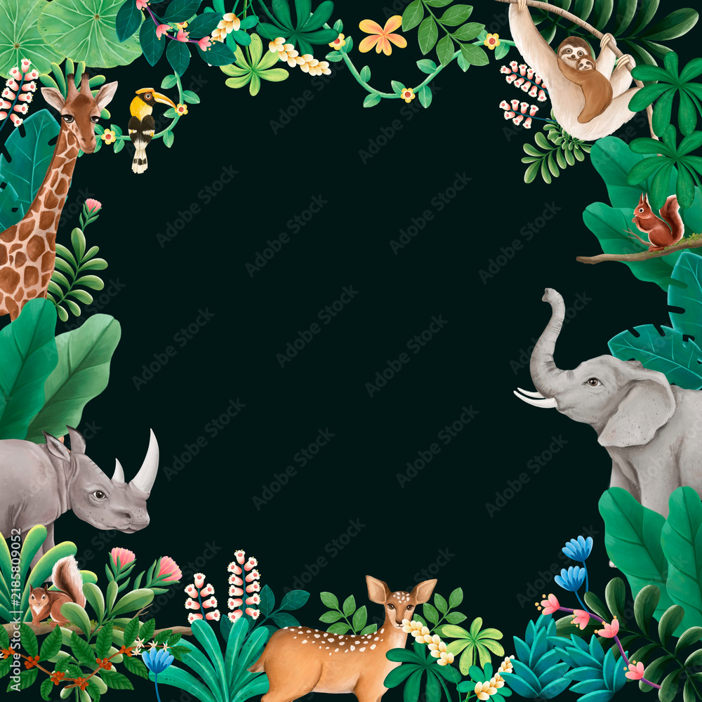 Fototapeta premium Jungle wildlife frame background, animal illustration