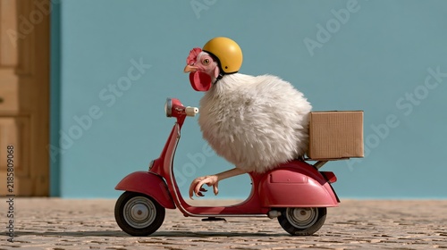 Fluffy white chicken wearing tiny yellow delivery helmet riding small red scooter with brown cardboard box on back