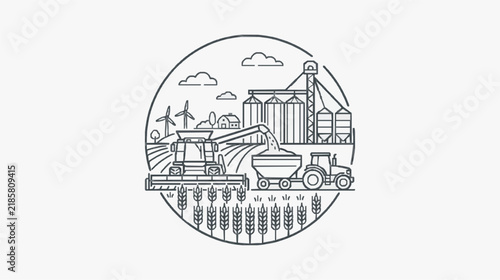 Harvesting wheat with modern agricultural machinery and storage silos