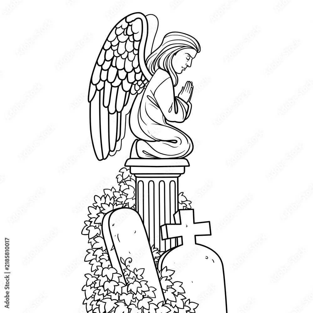 Fototapeta premium Statue of an angel on an ivy-covered column, with tombstones nearby outlined for coloring page