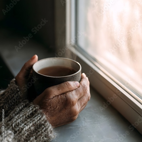 Warm Hands Holding Herbal Tea at Sunlit Window