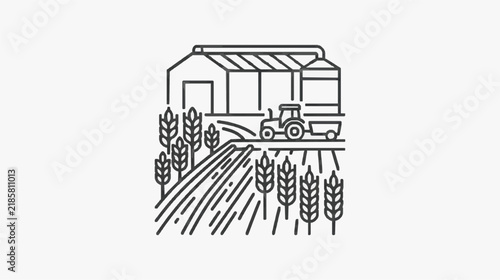 Harvester Combining Wheat in Agricultural Field Near Barn