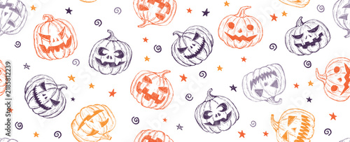 Halloween pumpkins pattern on a white. Hand drawn illustration.	

