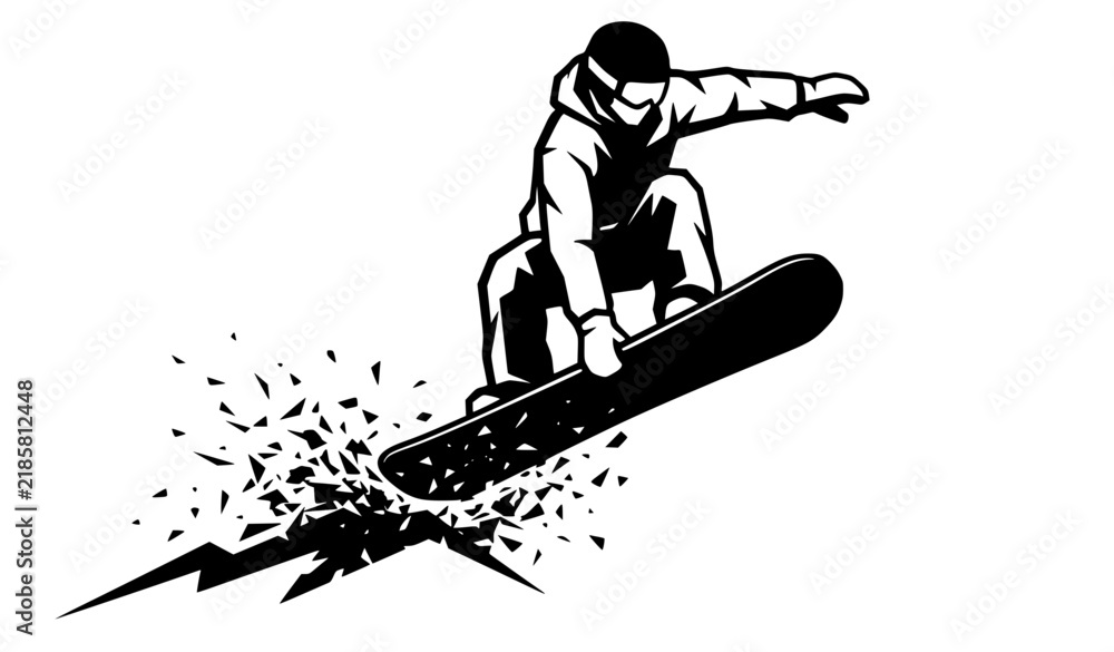 Fototapeta premium Snowboarder making a powerful powder turn black and white vector illustration