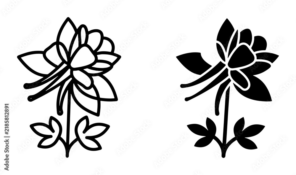 Obraz premium Elegant Columbine Flower Vector Icons, Outline and Silhouette Styles, Botanical Illustration for Floral Designs, Nature Graphics
