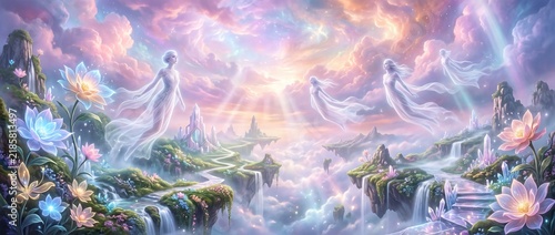 A photorealistic surreal dreamscape with ethereal figures