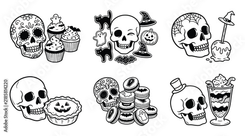 Set of halloween skulls with festive treats and spooky decorations