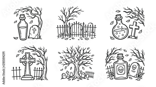 Set of handdrawn halloween cemetery and potion bottle illustrations