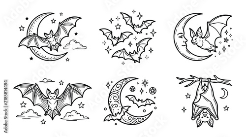 Set of cute bat illustrations with moon and stars