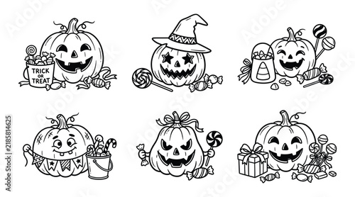 Set of cute halloween pumpkins with candy and treats