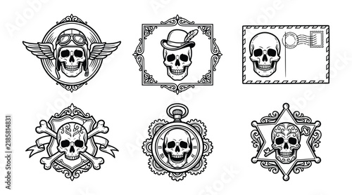 Set of vintage skull illustrations with various accessories