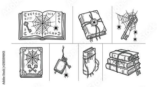 Set of magical books and keys with spider webs and spiders