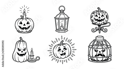 Set of halloween pumpkins and lanterns line art illustrations