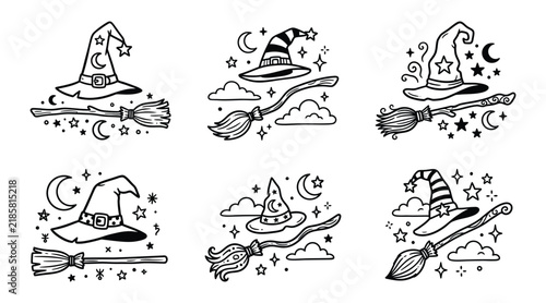 Set of hand drawn witch hats and broomsticks with stars and moons