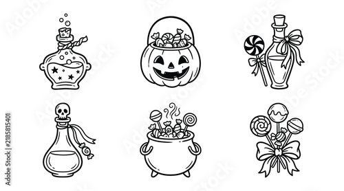 Set of halloween magic potions, candy, and pumpkin bucket icons