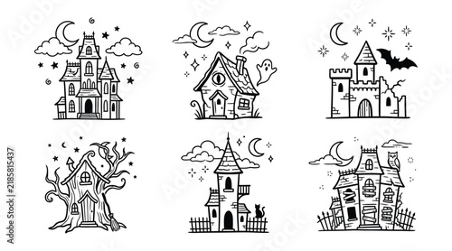 Set of hand drawn haunted houses and spooky buildings for halloween