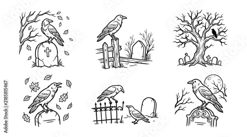Set of handdrawn ravens on tombstones and fences