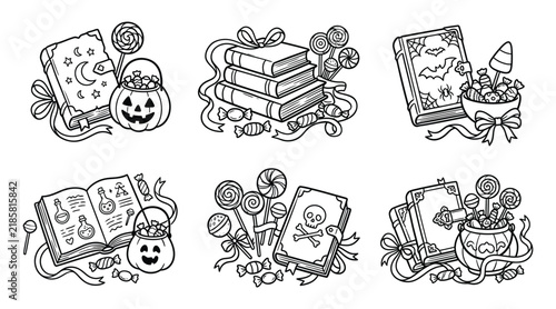 Set of halloween illustrations with spell books, candy, and pumpkins