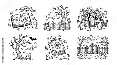 Set of hand drawn spooky halloween cemetery and magic book illustrations