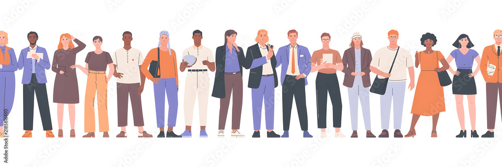 Obraz premium Diverse group of people standing together in a modern 2D vector illustration style