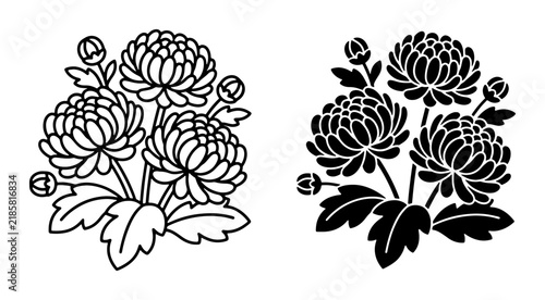 Chrysanthemum Floral Vector Icons, Delicate Bloom Illustrations, Elegant Botanical Line Art, Black and White Flower Graphics