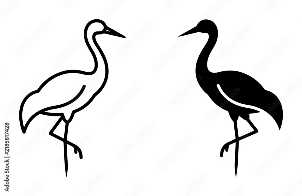 Obraz premium Elegant Crane Icons, Minimalist Bird Silhouettes, Black and White Vector Art, Graceful Wildlife Graphics, Symbol of Longevity and Peace