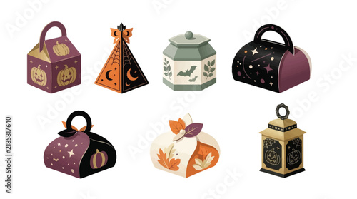 Seven Halloween Gift Boxes Collection, Fall Pumpkin Lanterns, Magic Treat Containers, Witch Octagon Shapes, Autumn Decor Vector Set, Party Favors, Party Decor isolated PNG with Transparent