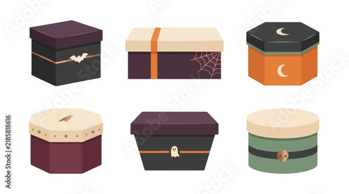 Halloween-themed Gift Boxes and Containers Set. Treats, Candy, Cookies, Party Decor. Flat Style Vector Illustrations for Marketing. isolated PNG with Transparent Background Halloween