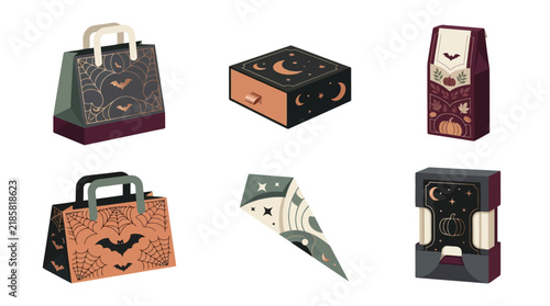 3D Isometric Halloween Candy and Gift Packaging Box Collection, Vector Set for Spooky Treat Bag Design, Witch Celebrations isolated PNG with Transparent Background Halloween , Editable EPS