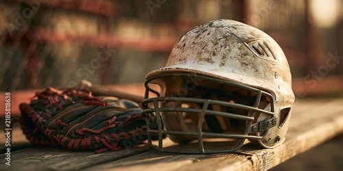 Baseball helmet and glove resting on a wooden bench, showing signs of wear and tear from a game