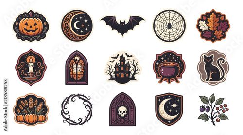 Vintage Halloween ornament bundle. Retro spooky patches. Pumpkin patchwork set. Witch broom applique. Vintage spooky badge collection isolated PNG with Transparent Background Halloween