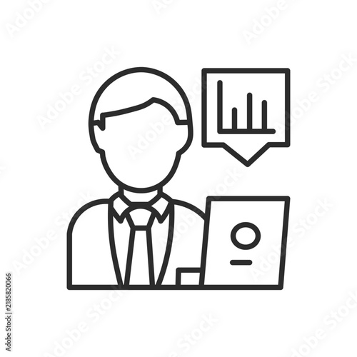 Business analyst working on laptop with bar chart icon vector line art illustration