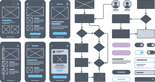 Foto Mobile App UI UX Wireframe Kit with Smartphone Interface Mockups User Flowchart