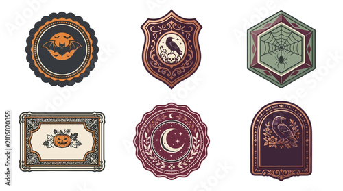 Vintage Halloween emblem set, antique october magic labels. Retro spooky symbols, classic autumn holiday seals with bat, crow, spider web, moon, and pumpkin icon designs. isolated PNG with