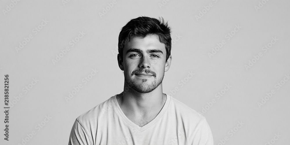 Obraz premium A young man with short brown hair and stubble, wearing a light t-shirt, smiles faintly at the camera in this black and white portrait