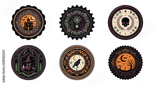 Vintage Halloween badges, retro witch and cauldron, vintage mystical magic mushroom, skull design, spooky night moon label, gothic mystical vector set isolated PNG with Transparent Background