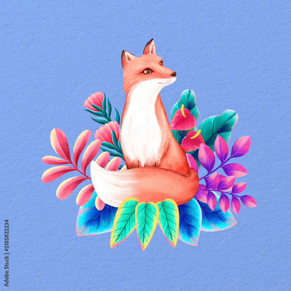 Obraz premium Cute fox illustration, blue floral design