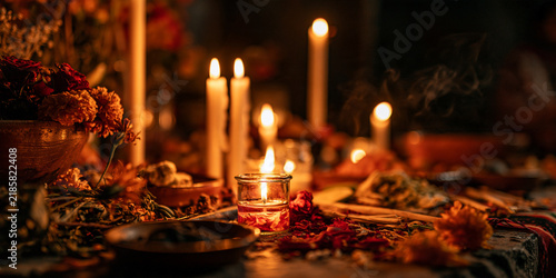 A dimly lit table adorned with vibrant marigold flowers, dried leaves, and flickering candles creates a warm, intimate atmosphere. The scene evokes a sense of reverence and tradition.