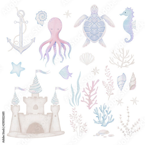 Underwater world clipart with sea animals whale, turtle, seahorse, starfish, shells, coral, sand castle. Hand drawn watercolor illustration. 