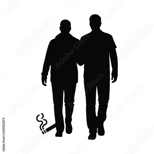 Two male friends silhouettes walking together near a smoking cigarette symbolic art design