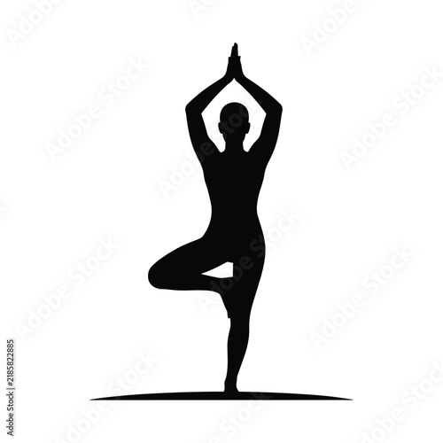 Yoga tree pose silhouette female character practicing mindfulness and balance for wellness icon