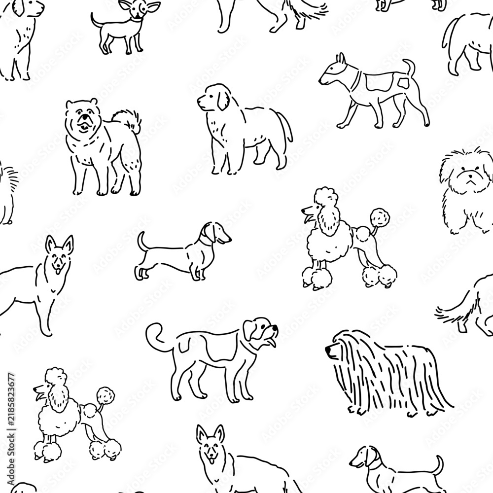 Fototapeta premium Seamless dog breeds pattern with hand drawn illustrations of various dogs. Perfect for pet themed designs, fabric, and wallpaper.