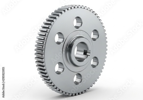 Close-up of a metal gear with mounting holes isolated on white background